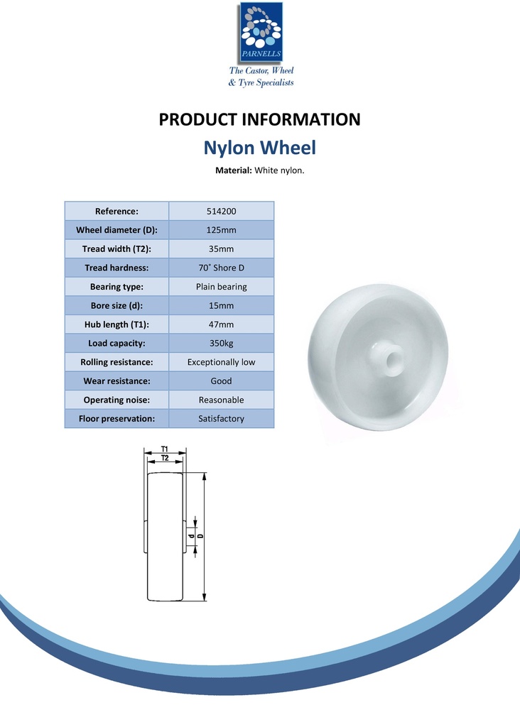Wheel series 125mm nylon 15mm bore hub length 48mm plain bearing 300kg - Spec sheet