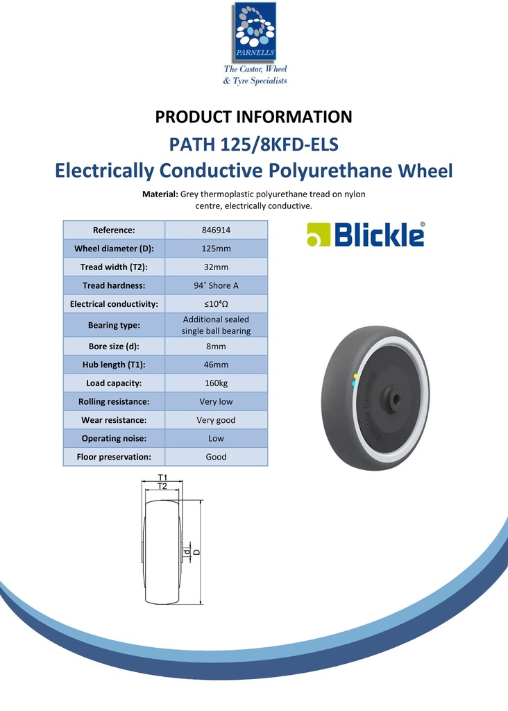 Wheel series 125mm electrically conductive grey polyurethane on nylon centre 8mm bore hub length 46mm additional sealed single ball bearing 160kg - Spec sheet