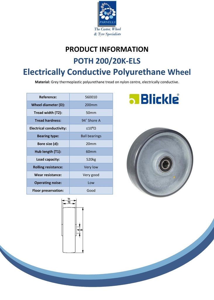 Wheel series 200mm electrically conductive grey polyurethane on nylon centre 20mm bore hub length 60mm ball bearing 700kg - Spec sheet