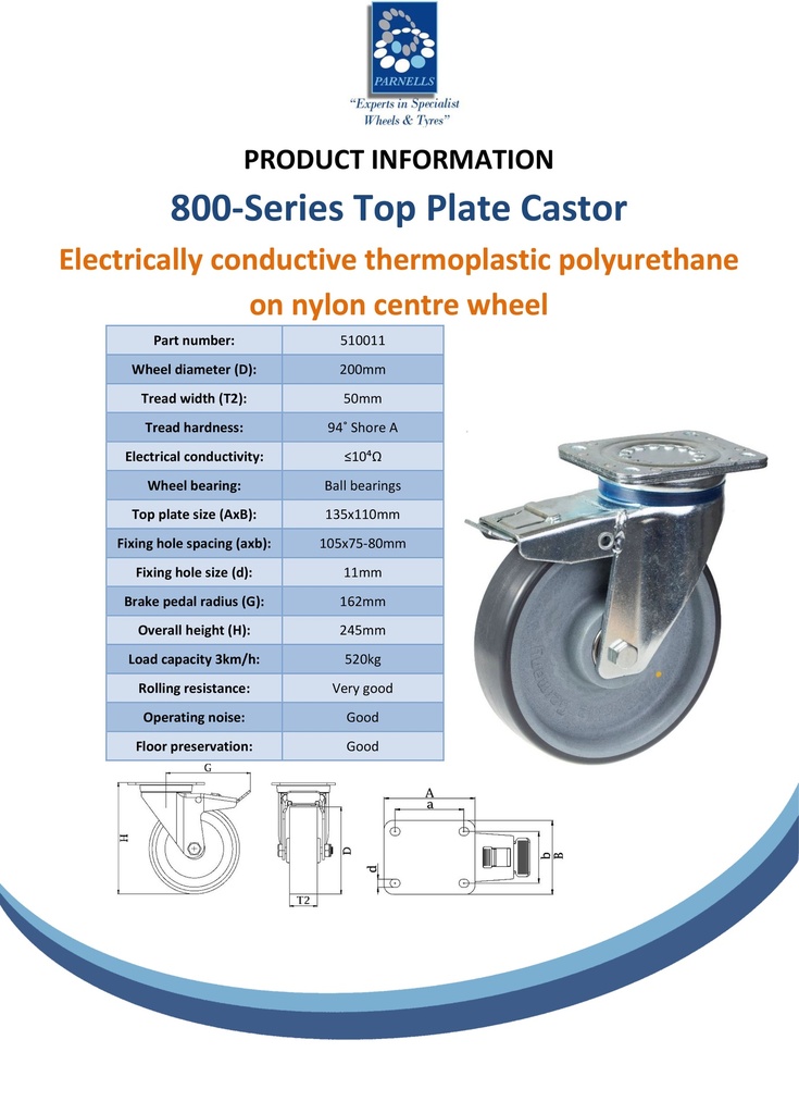 800 series 200mm swivel/brake top plate 135x110mm castor with electrically conductive grey polyurethane on nylon centre ball bearing wheel 700kg - Spec sheet