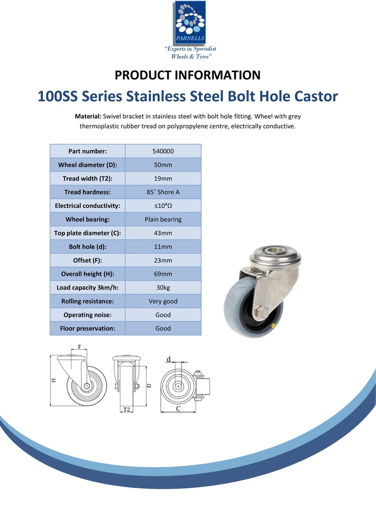 100SS series 50mm stainless steel swivel bolt hole 11mm castor with electrically conductive grey TPR-rubber on polypropylene centre plain bearing wheel 30kg - Spec sheet