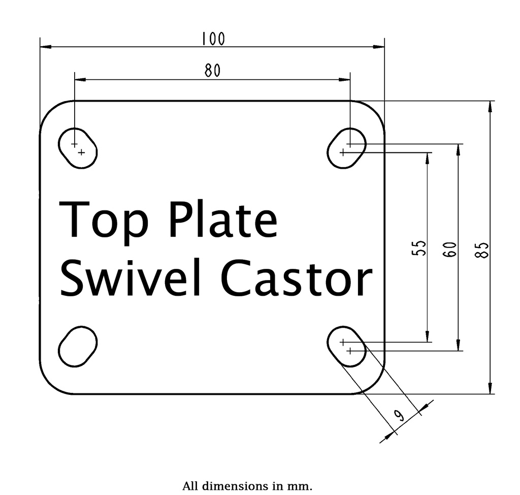 300HTSS series 80mm stainless steel swivel top plate 100x85mm - Plate drawing