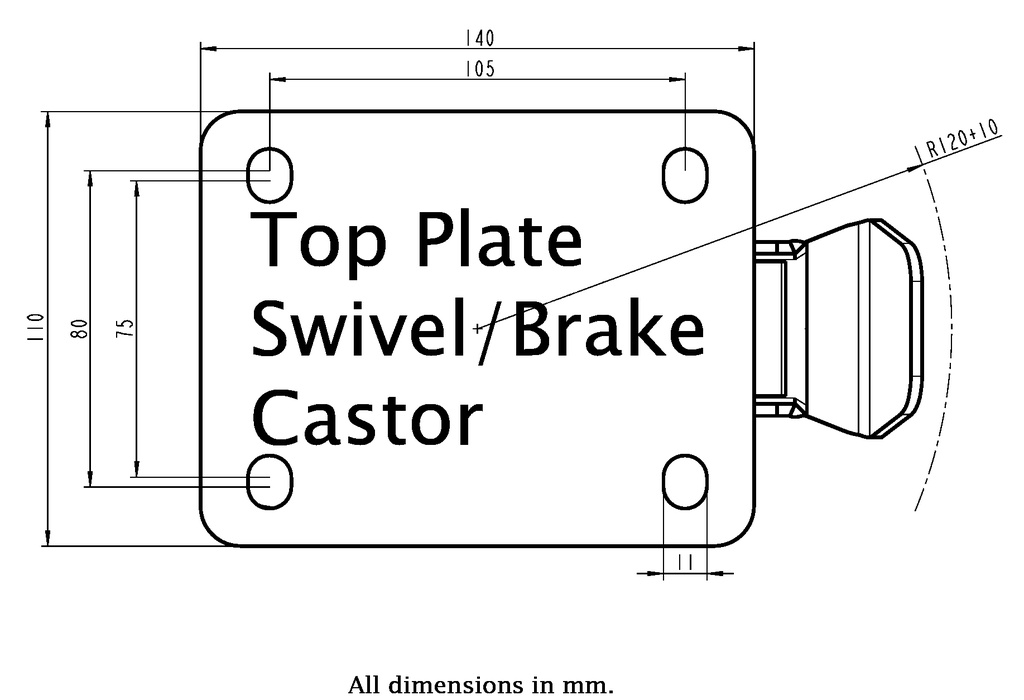 LS series 100mm swivel/brake top plate 140x110mm - Plate drawing