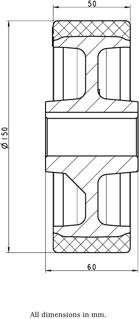 Wheel series 150mm polyurethane on cast iron centre bore 25mm H7 hub length 60mm plain bearing with keyway 8x3.3mm 650kg - Wheel drawing