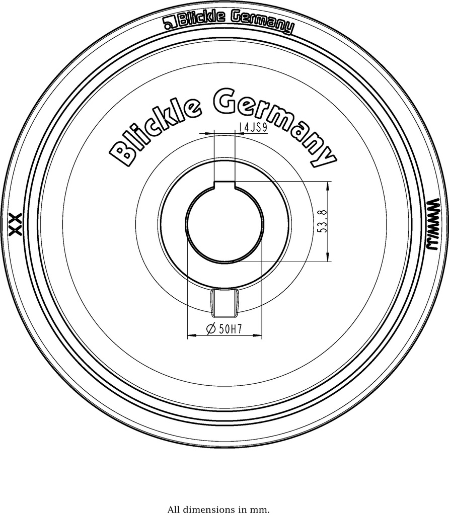Wheel series 300mm polyurethane on cast iron centre bore 50mm H7 hub length 60mm plain bearing with keyway 14x3.8mm 1500kg - Keyway drawing