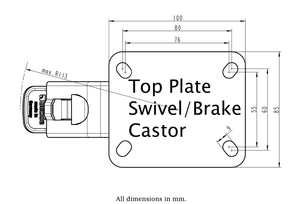 300SS series 100mm stainless steel swivel/brake top plate 100x85mm - Plate drawing