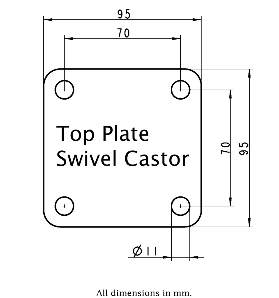Levelling series HRP-POA 72G 72mm swivel top plate 95x95mm - Plate drawing