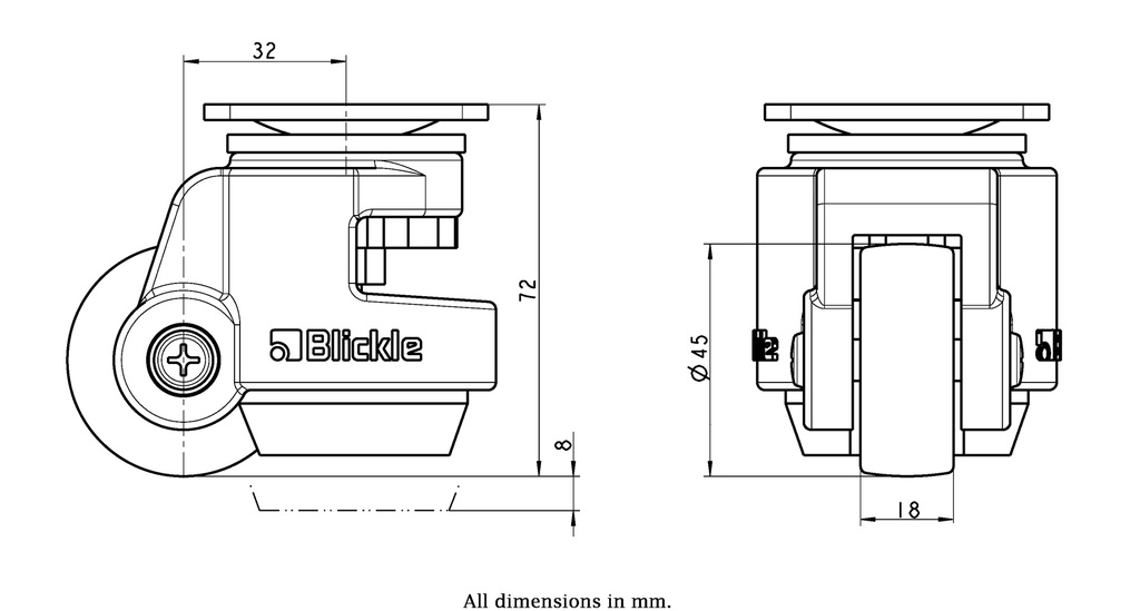 Levelling series HRP-POA 45G 45mm swivel top plate 55x55mm castor with nylon plain bearing wheel 180kg - Castor drawing