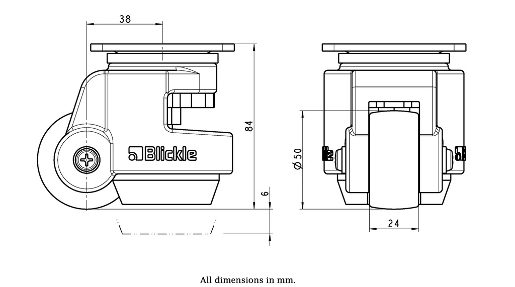 Levelling series HRP-POA 50G 50mm swivel top plate 73x73mm castor with nylon plain bearing wheel 250kg - Castor drawing