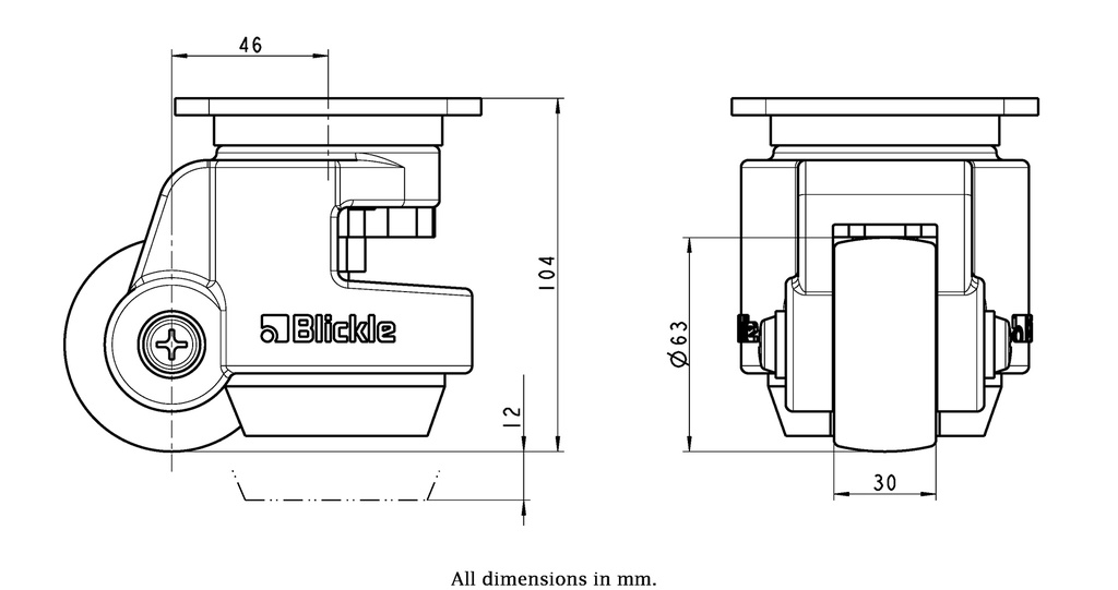 Levelling series HRP-POA 63G 63mm swivel top plate 90x90mm castor with nylon plain bearing wheel 500kg - Castor drawing