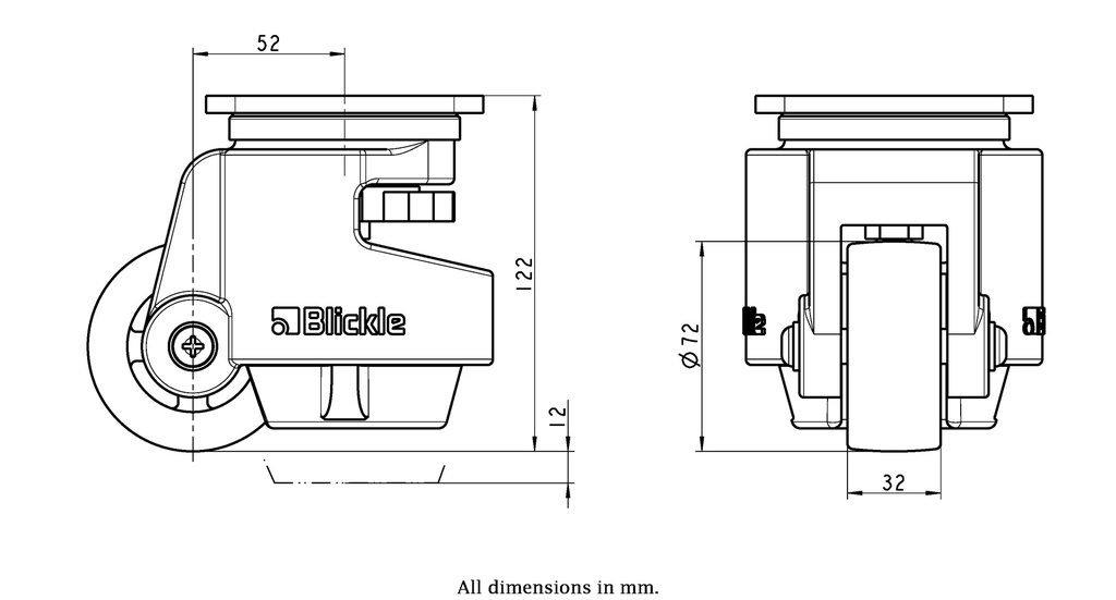 Levelling series HRP-POA 72G 72mm swivel top plate 95x95mm castor with nylon plain bearing wheel 750kg - Castor drawing