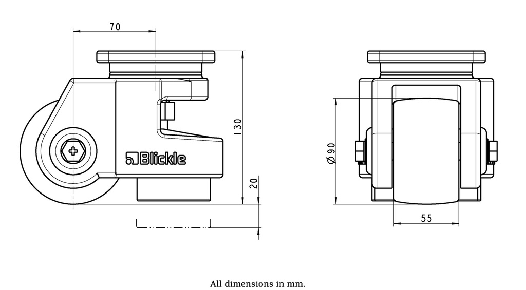 Levelling series HRSP-GSPO 90G 90mm swivel top plate 100x100mm castor with cast nylon plain bearing wheel 2000kg - Castor drawing
