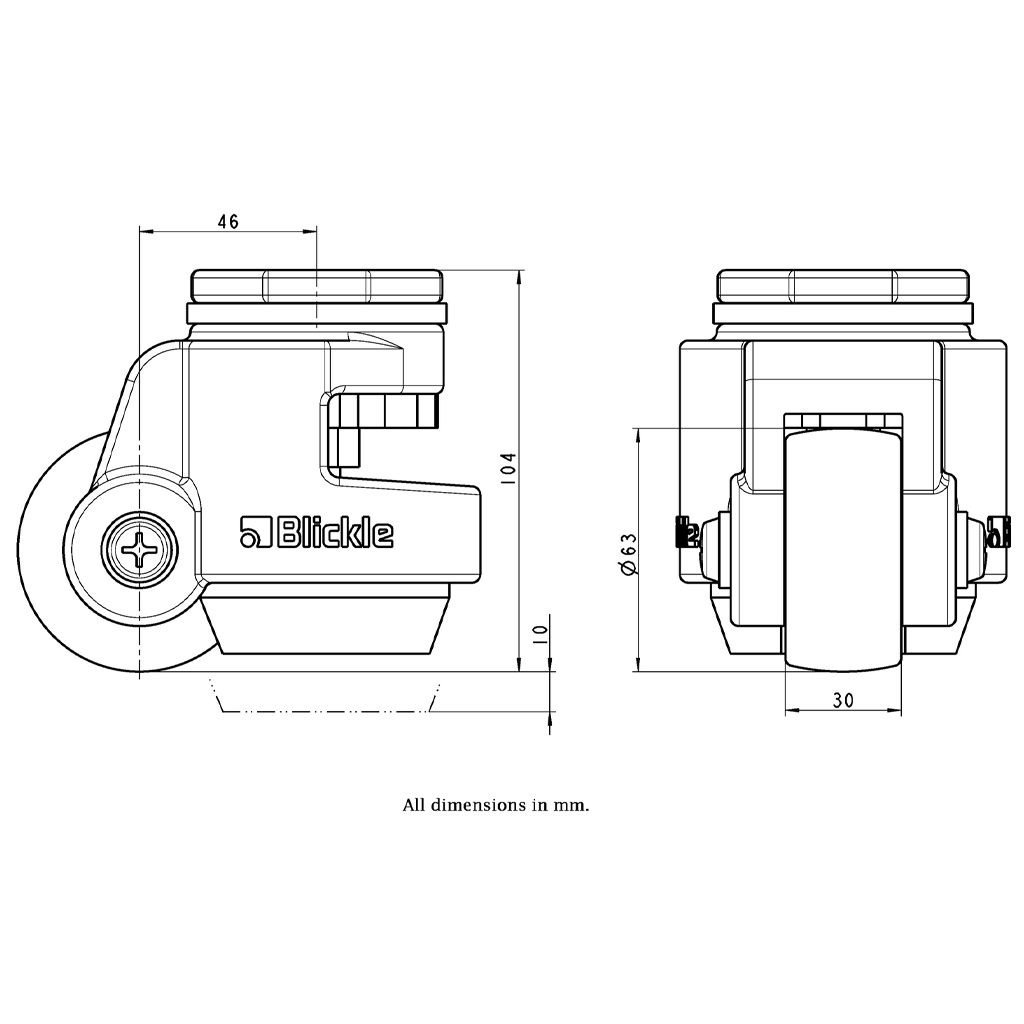 Levelling series HRIG-POA 63G 63mm swivel threaded bolt hole M12x15mm castor with nylon plain bearing wheel 500kg - Castor drawing