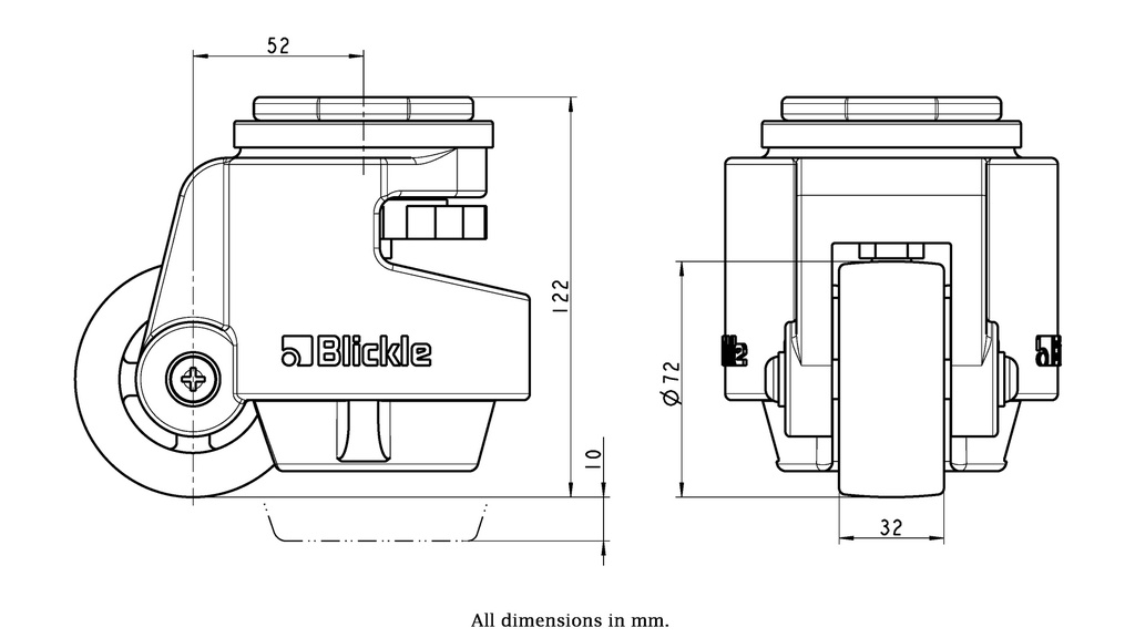 Levelling series HRIG-POA 72G 72mm swivel threaded bolt hole M16x16mm castor with nylon plain bearing wheel 750kg - Castor drawing