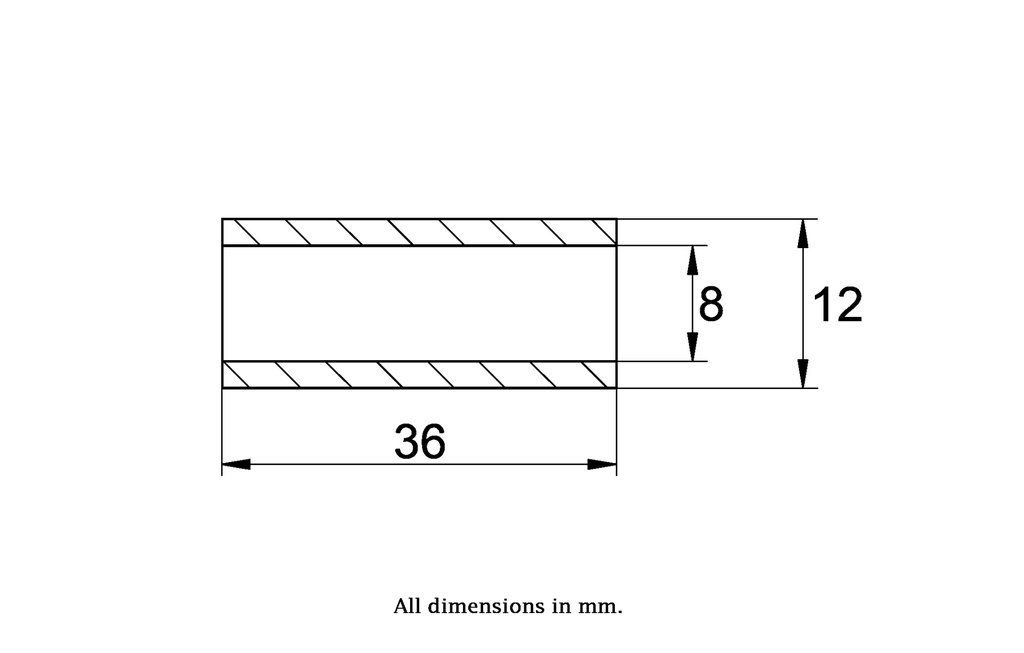 Bush 12x08x36mm Stainless Steel - Bush drawing with Dimensions