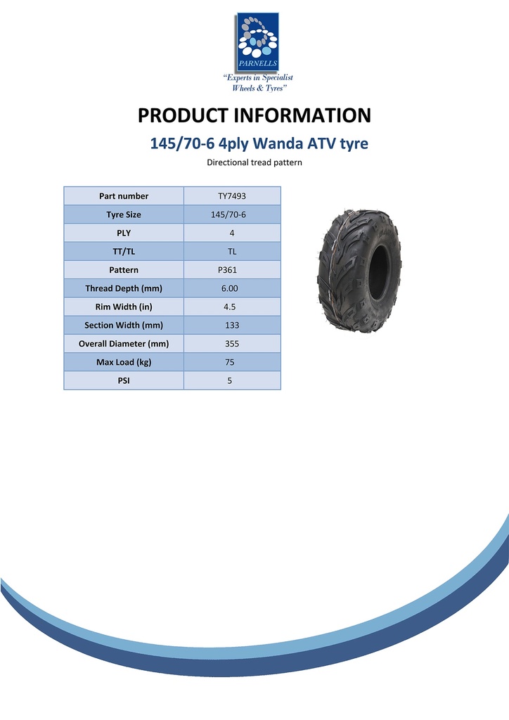 145/70-6 4pr Wanda P361 ATV tyre Spec Sheet
