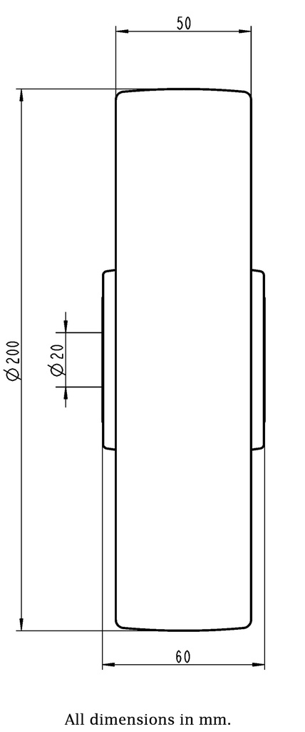Wheel series 200mm electrically conductive grey polyurethane on nylon centre 20mm bore hub length 60mm stainless steel ball bearing 700kg - Wheel dimensions