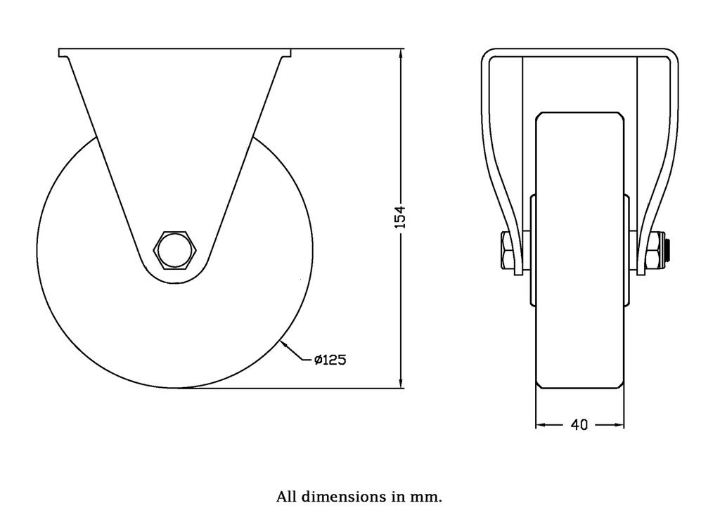 322 series 125mm fixed top plate 105x88mm castor with polyurethane on cast iron centre ball bearing wheel 280kg - Castor drawing