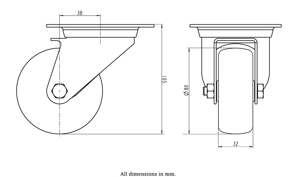 300SS series 80mm stainless steel swivel top plate 100x85mm castor with grey TPR-rubber on polypropylene centre plain bearing wheel 100kg - Castor drawing
