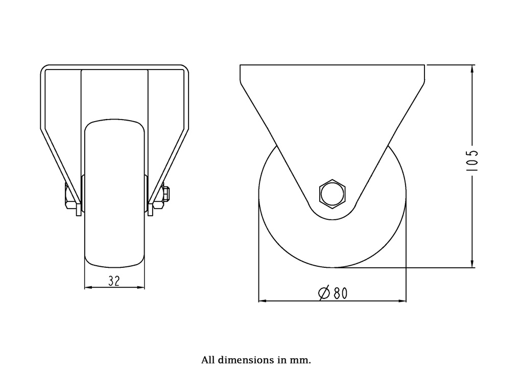 300SS series 80mm stainless steel fixed top plate 98x84mm castor with grey TPR-rubber on polypropylene centre plain bearing wheel 100kg - Castor drawing