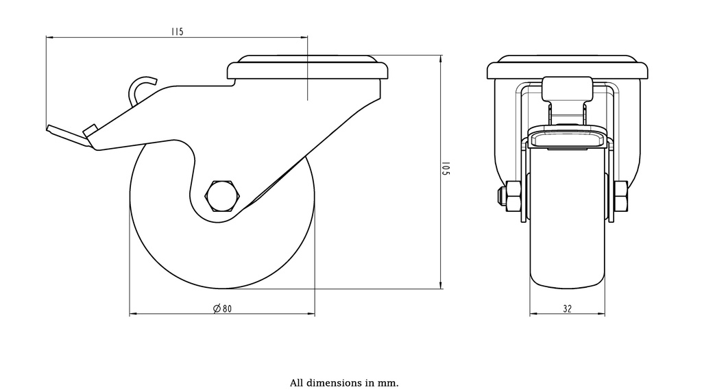 300SS series 80mm stainless steel swivel/brake bolt hole 12mm castor with grey TPR-rubber on polypropylene centre plain bearing wheel 100kg