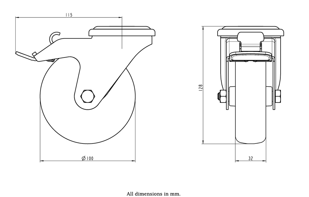 300SS series 100mm stainless steel swivel/brake bolt hole 12mm castor with grey TPR-rubber on polypropylene centre plain bearing wheel 110kg - Castor drawing