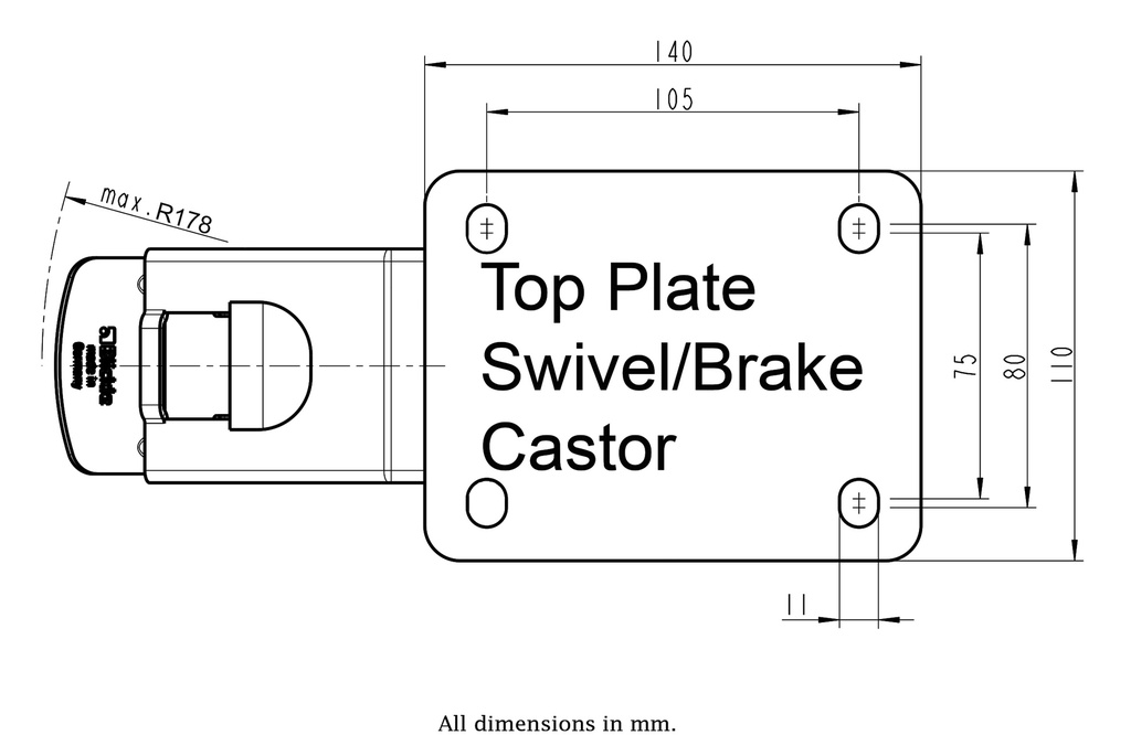 300SS series 200mm stainless steel swivel/brake top plate 140x110mm - Plate drawing