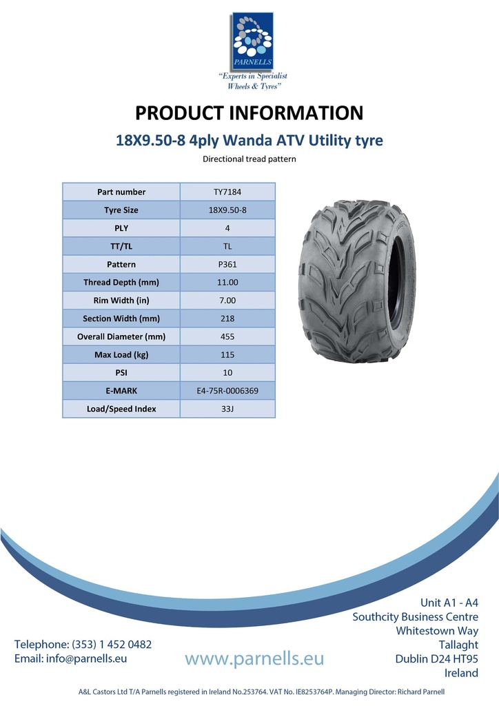 18x9.50-8 4pr Wanda P361 ATV tyre Spec Sheet