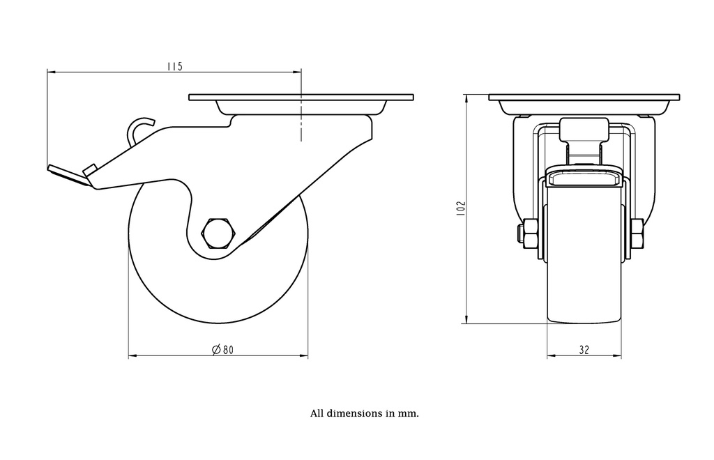 300HTSS series 80mm stainless steel swivel/brake top plate 100x85mm castor with heat resistant thermoplastic plain bearing wheel 100kg - Castor dimensions