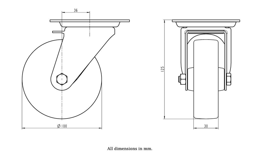 300HTSS series 100mm stainless steel swivel top plate 100x85mm castor with heat resistant thermoplastic plain bearing wheel 120kg - Castor dimensions