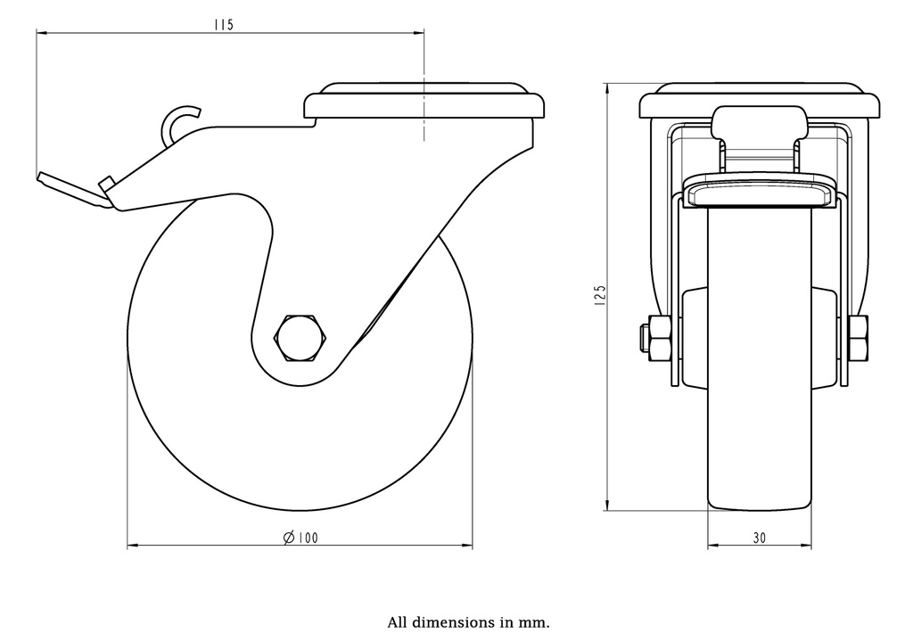 300HTSS series 100mm stainless steel swivel/brake bolt hole 13mm castor with heat resistant thermoplastic plain bearing wheel 120kg - Castor dimensions