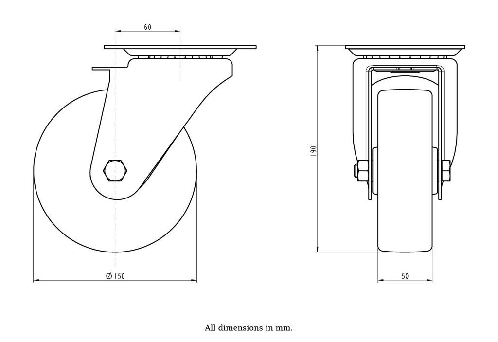 300HT series 150mm swivel top plate 140x110mm castor with heat resistant thermoplastic plain bearing wheel 300kg - Castor dimensions