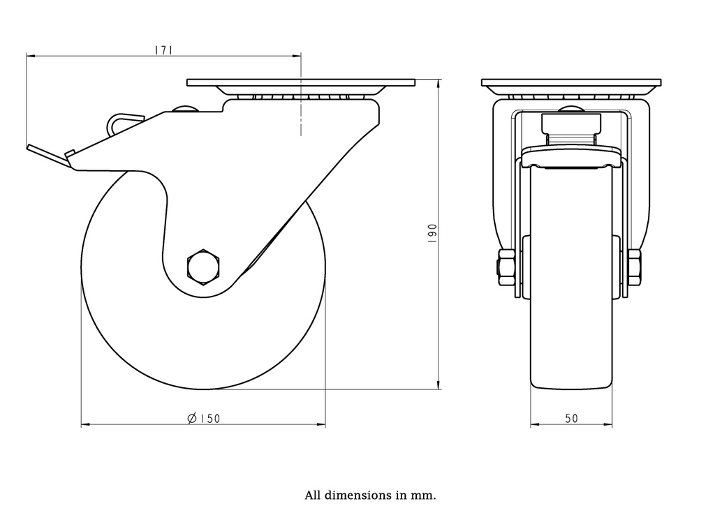 300HT series 150mm swivel/brake top plate 140x110mm castor with heat resistant thermoplastic plain bearing wheel 300kg - Castor dimensions