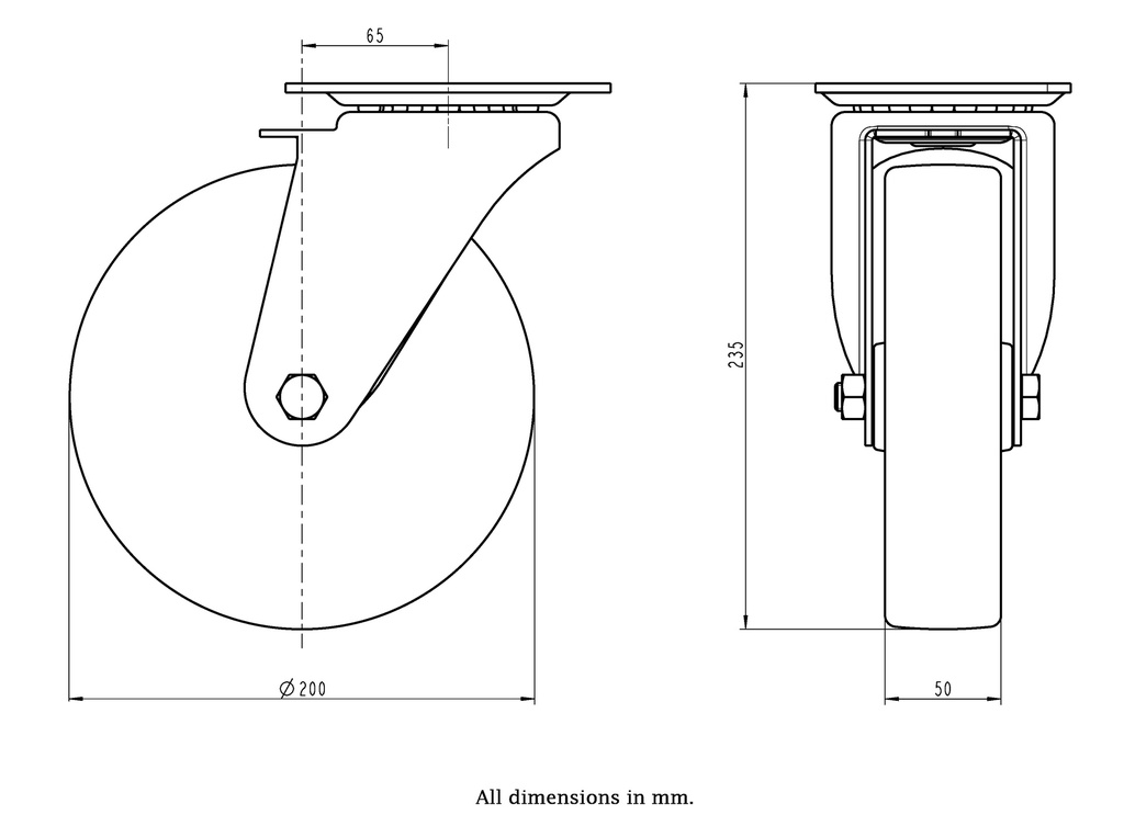 300HT series 200mm swivel top plate 140x110mm castor with heat resistant thermoplastic plain bearing wheel 350kg - Castor dimensions