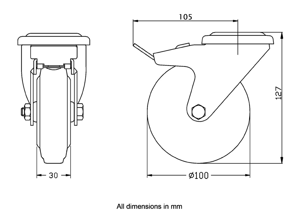 300 series 100mm swivel/brake bolt hole 12,5mm castor with black rubber on pressed steel centre and threadguards roller bearing wheel 90kg - Castor dimensions