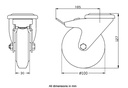 300 series 100mm swivel/brake bolt hole 12,5mm castor with black rubber on pressed steel centre and threadguards roller bearing wheel 90kg - Castor dimensions