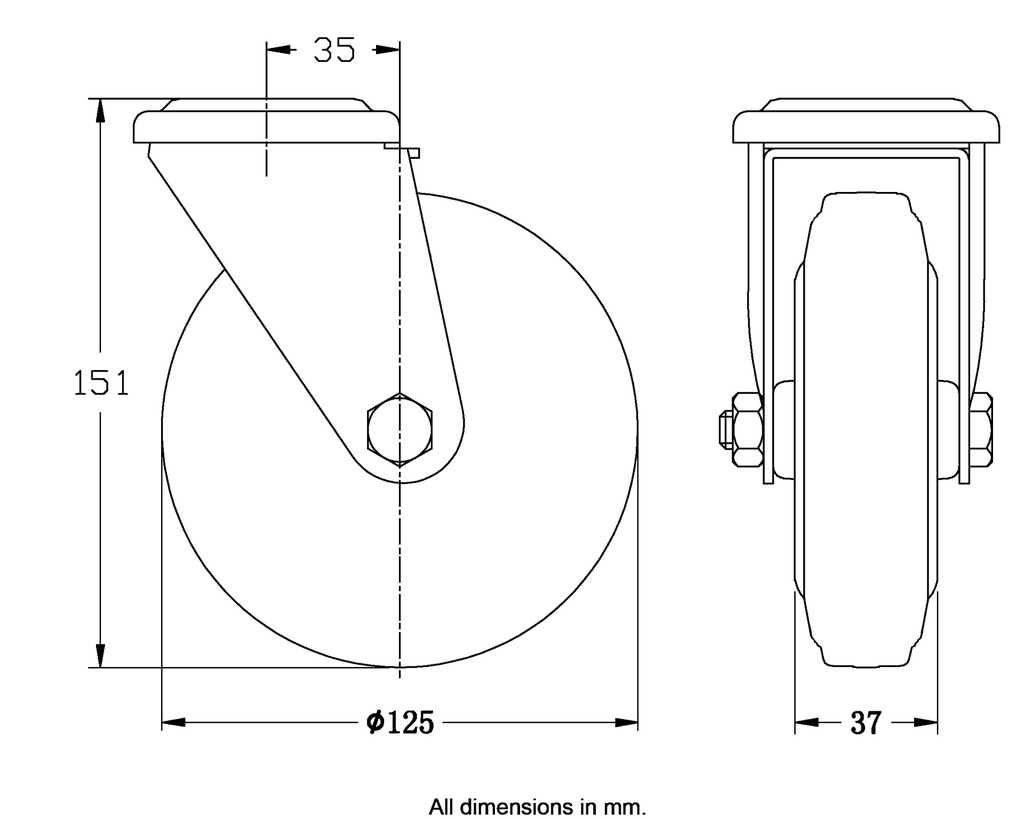 300 series 125mm swivel bolt hole 12,5mm castor with black rubber on pressed steel centre roller bearing wheel 120kg - Castor dimensions