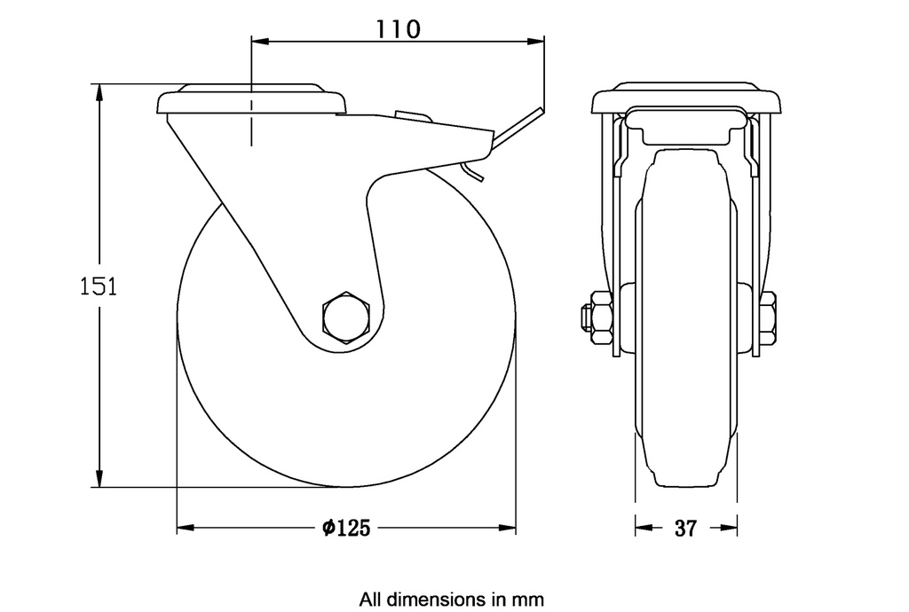 300 series 125mm swivel/brake bolt hole 12,5mm castor with black rubber on pressed steel centre roller bearing wheel 120kg - Castor dimensions