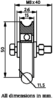 50mm Round groove wheel with 1 ball bearing - Dimensions