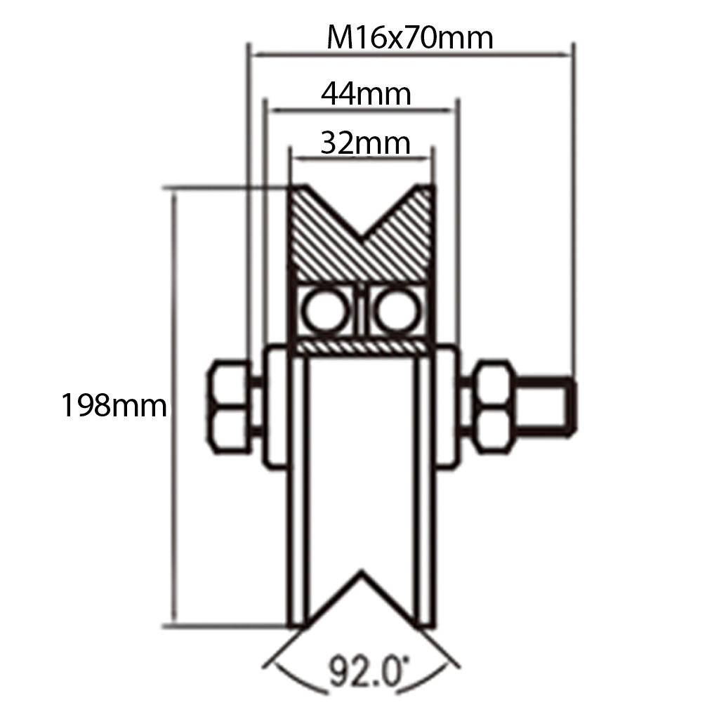200mm V Groove wheel 2 ball bearing Drawing with Dimensions