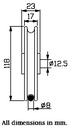 120mm Round groove wheel with 8mm groove for cable Drawing with Dimensions