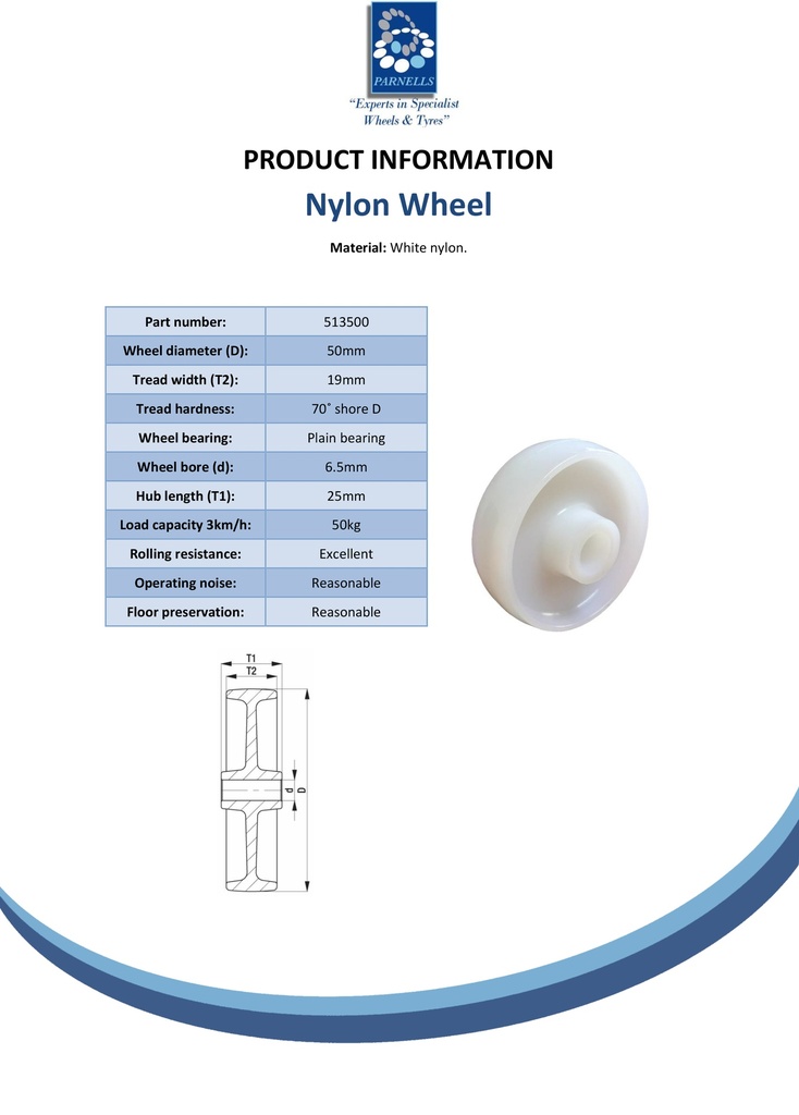 Wheel series 50mm nylon 6.5mm bore hub length 25mm plain bearing 50kg - Spec sheet