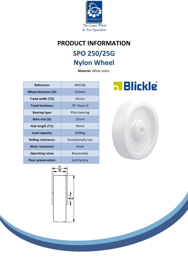 Wheel series 250mm nylon 25mm bore hub length 70mm plain bearing 2000kg - Spec sheet