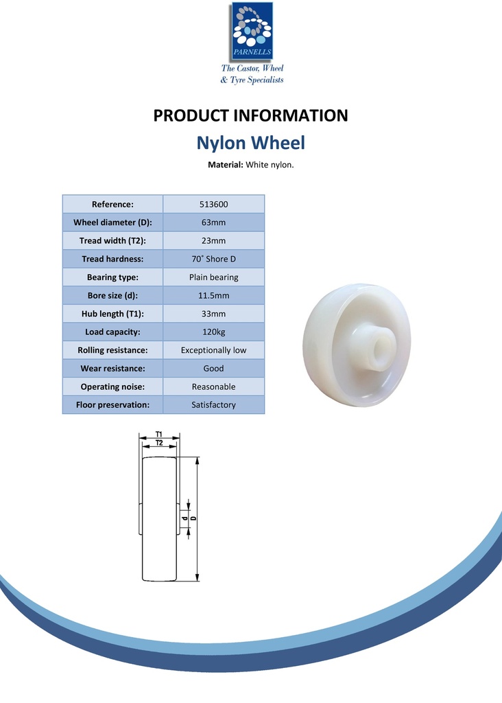 Wheel series 63mm nylon 11.5mm bore hub length 33mm plain bearing 120kg - Spec sheet