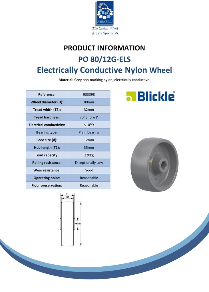 Wheel series 80mm electrically conductive grey nylon 12mm bore hub length 35mm plain bearing 220kg - Spec sheet