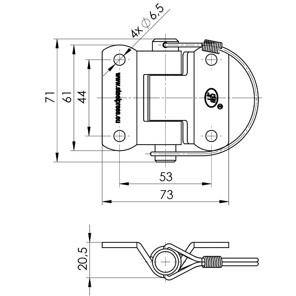 SPP Trailer hinge (releasable pin) zinc plated 73x61mm drawing with Dimensions