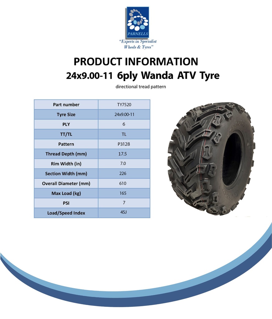 24x9.00-11 6pr Wanda Longhorn P3128 ATV tyre spec sheet