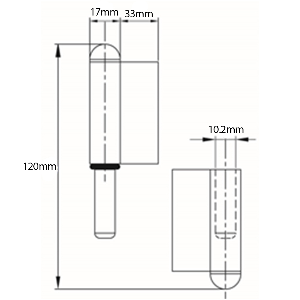 120mm Steel weldable hinge, fixed pin Left Hand Drawing with Dimensions