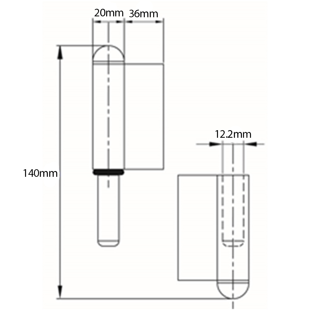 140mm Steel weldable hinge, fixed pin Left Hand Drawing with Dimensions