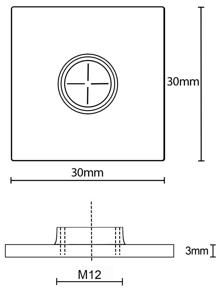 30x30x3mm M12 Stainless steel weld on plate AISI 304/A2 - Dimensions